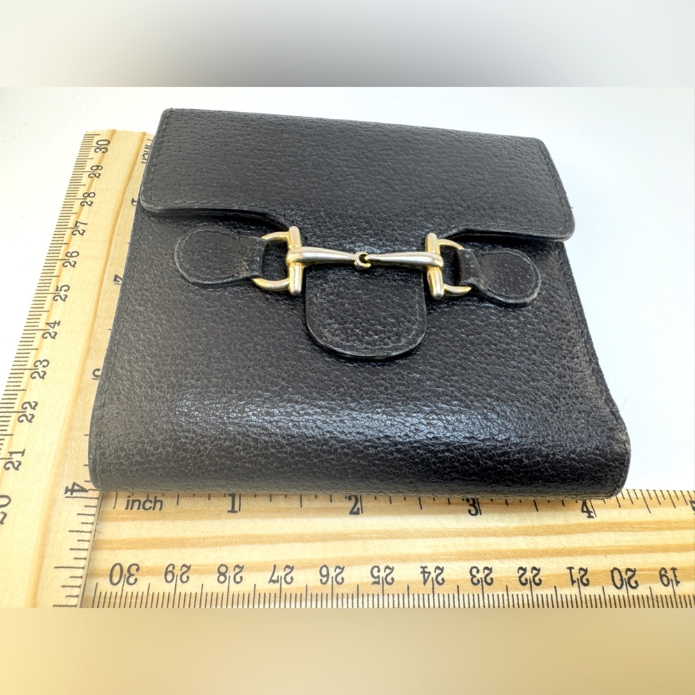 Gucci Horsebit Kisslock Coin Wallet Black Grained Leather Gucci Wallet Vintage - Picture 12 of 13